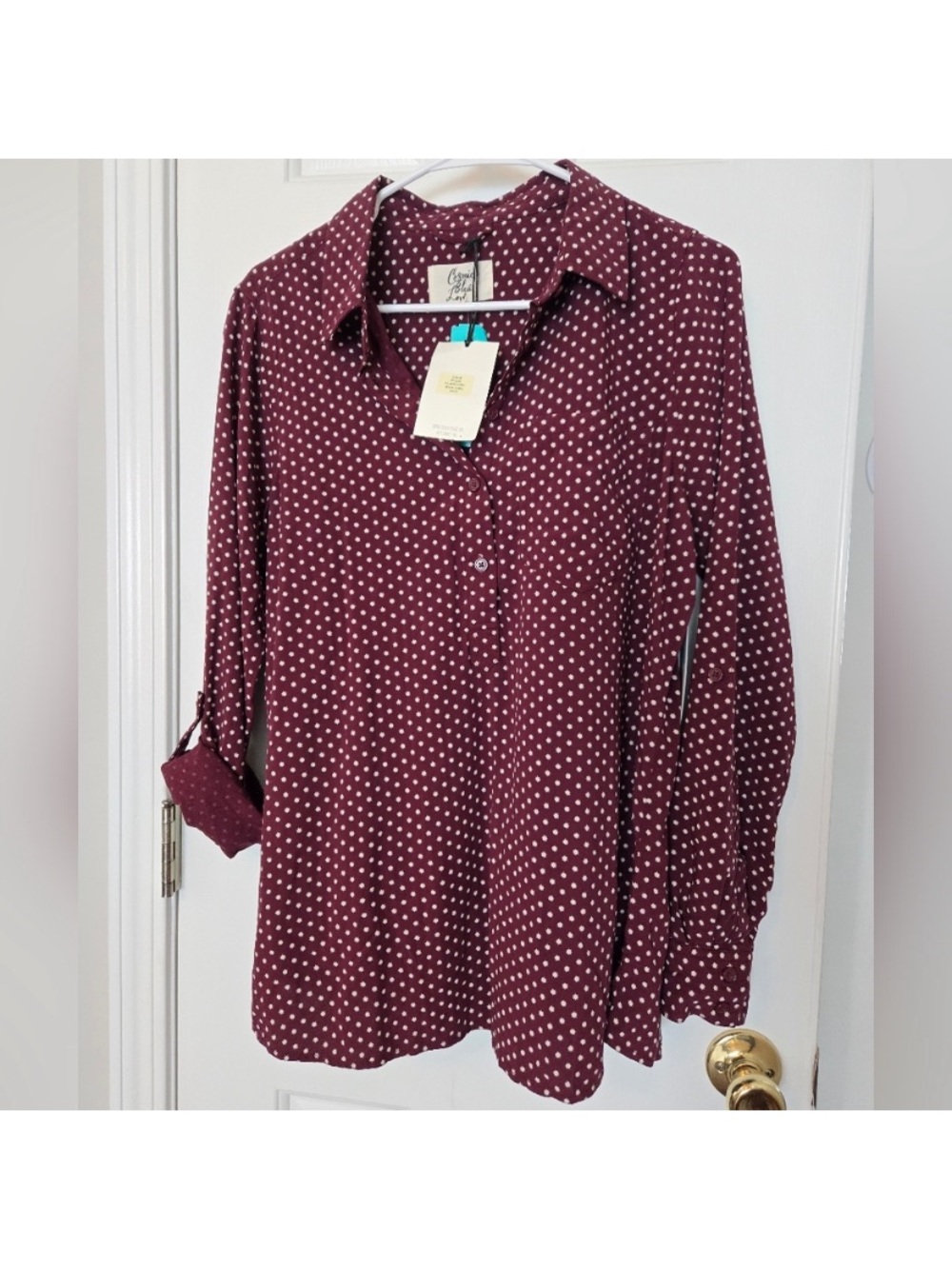 Women's Burgundy Polka Dot Button-Up Shirt - Brand: Cosmetic Blue Love